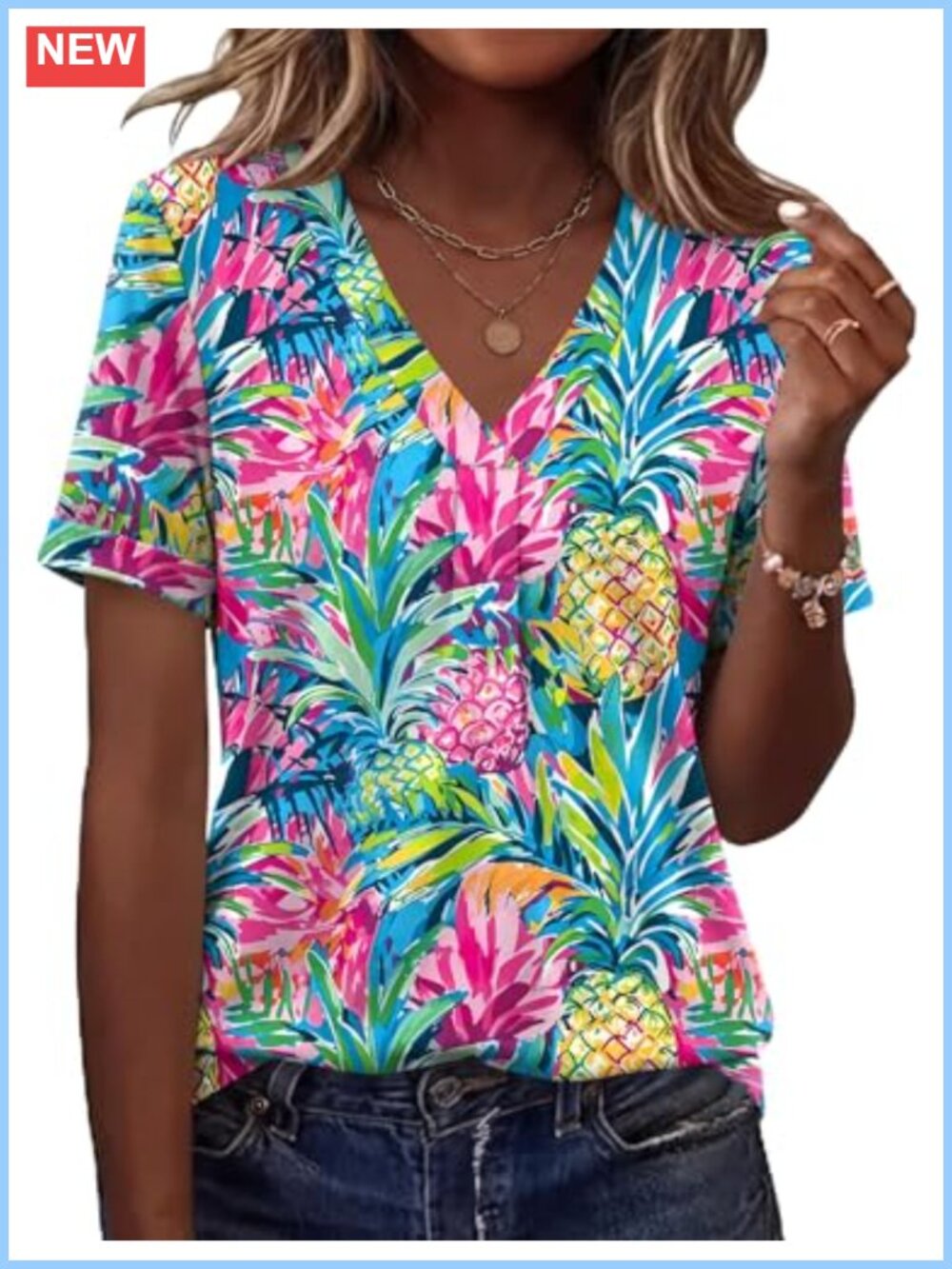 Women's V-Neck Short Sleeve Tunic Top - Casual Loose Fit T-Shirt